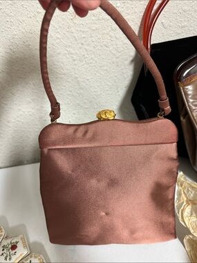 Satin Top-Handle Evening Clutch in Rose Bronze